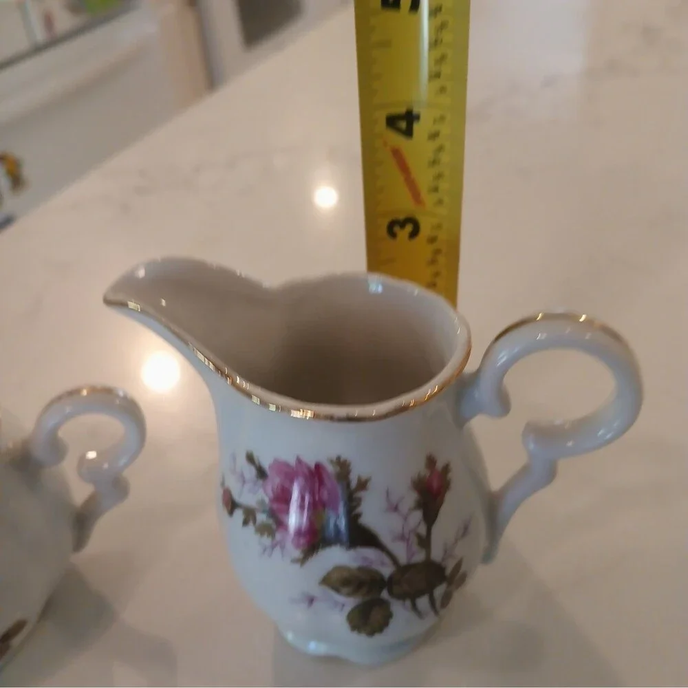 Vintage MCM Moss Rose Sugar Bowl and Creamer Set with Hand Painted Gold Trim